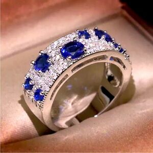 New Gorgeous 925 Silver Diamond Sapphire Band Ring